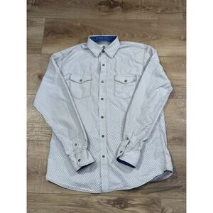 Age of Wisdom Mens L Pearl Snap Button Down Shirt White Blue Geometric Print